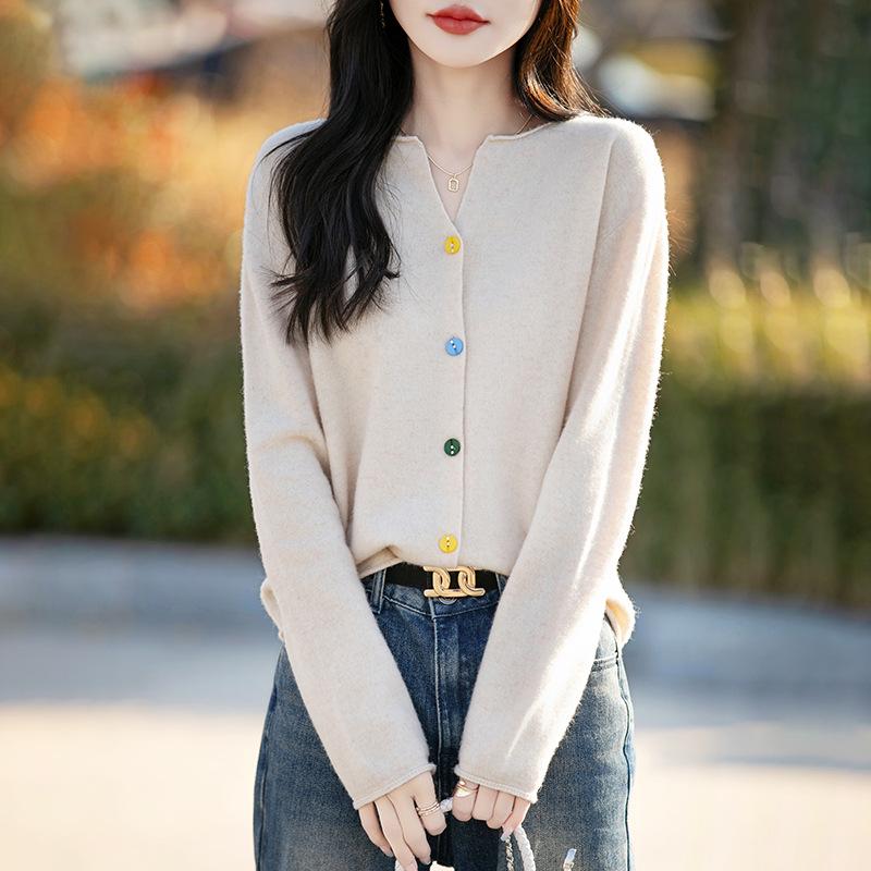 Women's V-Neck Wool Cardigan Sweater - Spring New Arrival, Loose Fit, Solid Color, Versatile Knit Outerwear.
