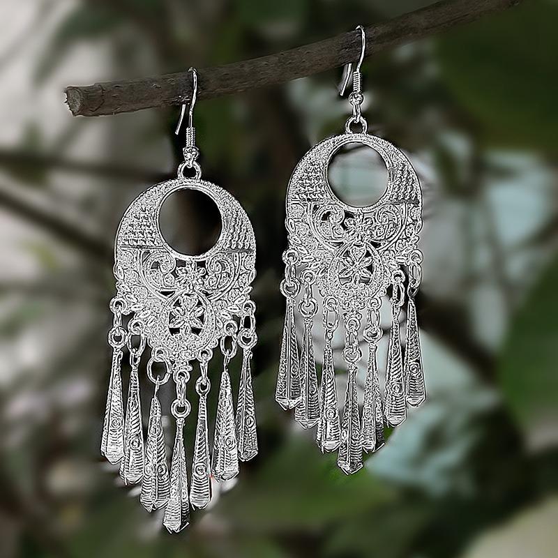 Miao geometric bells, fringed earrings, minority earrings, bohemian long leaf earrings