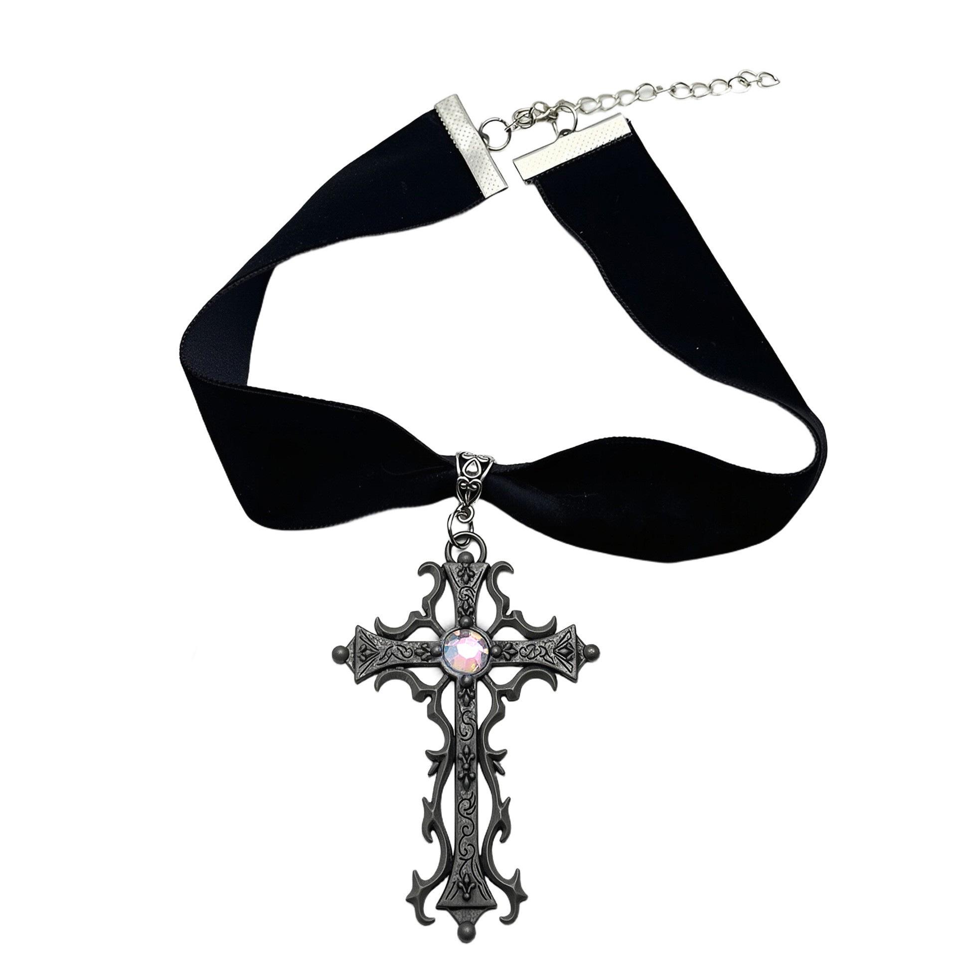 Gothic Velvet Choker with Retro Cross Pendant