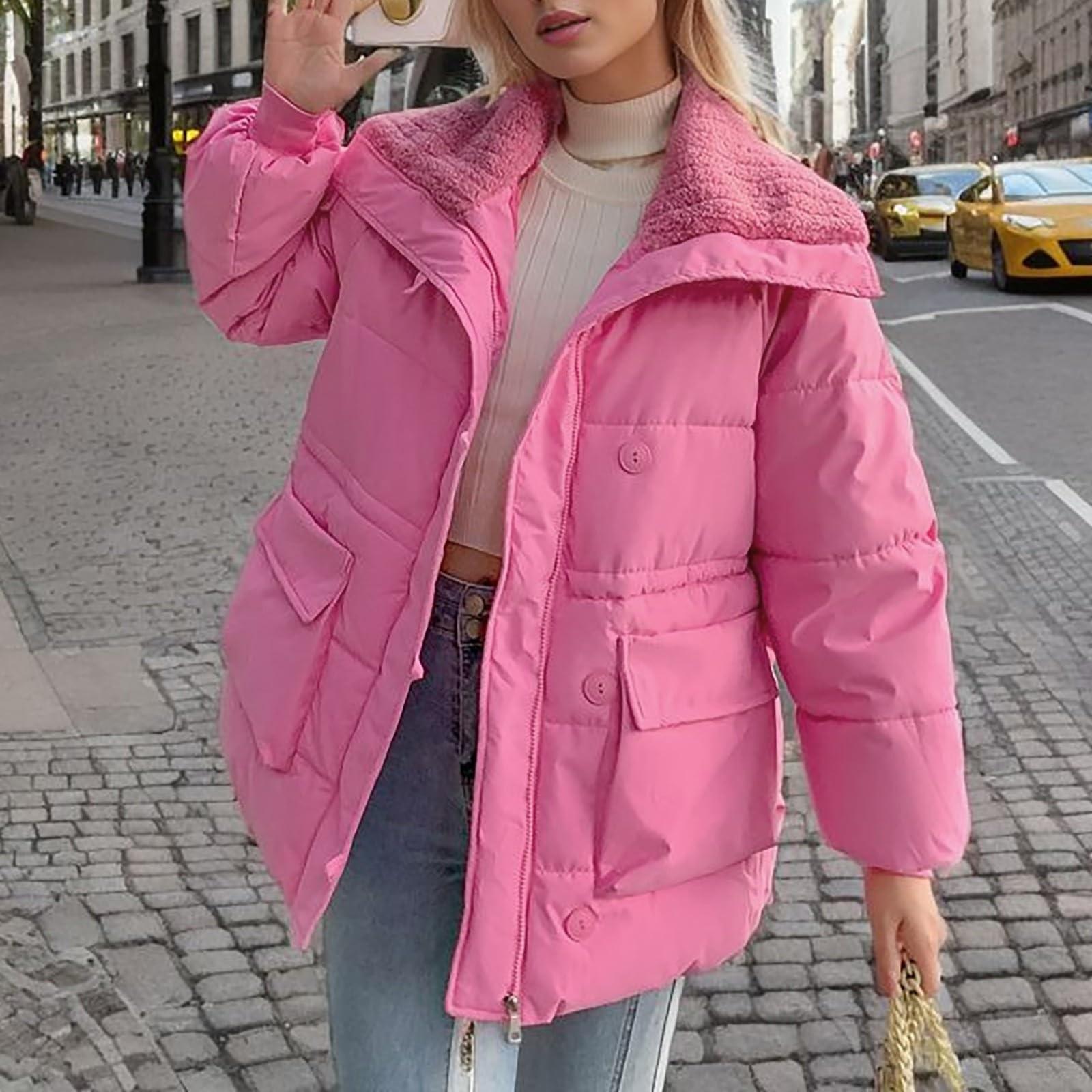 

Куртка из овечьей шерсти с лацканами из хлопка для женщин, зимняя новая куртка средней длины с хлопковой подкладкой, модное пальто M розовый