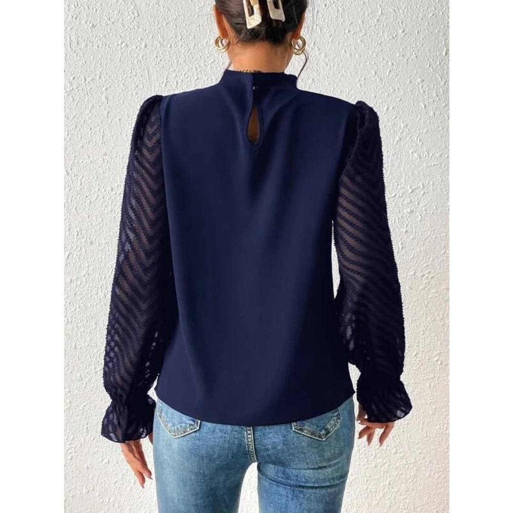 Women's Autumn Winter Half High Neck Patchwork Chiffon Long Sleeve Top