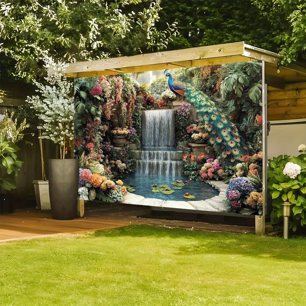 1pc2D Peacock Waterfall Garden Photography Banner - Suitable for Birthdays Festivals Parties Multiple Sizes To Choose from