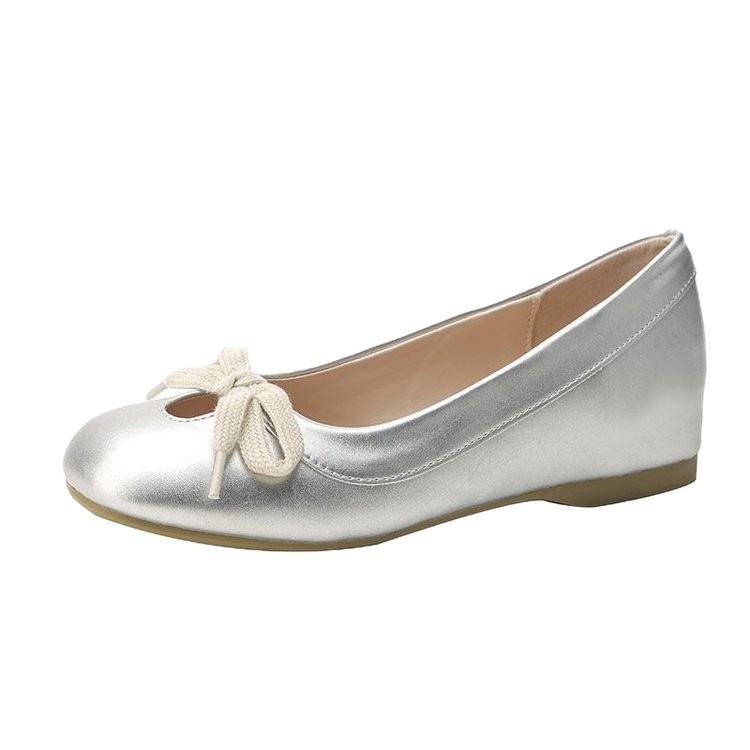 Small height increase ballet shoes autumn new square head silver flat bow single shoes