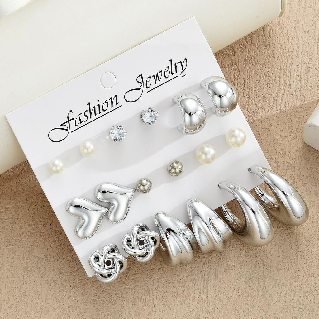 9 Pairs Vintage Heart Teardrop Knot Earrings Set For Women Pearl Crystal Minimalist Stud Hoop Earrings Trendy Daily Wear Jewelry