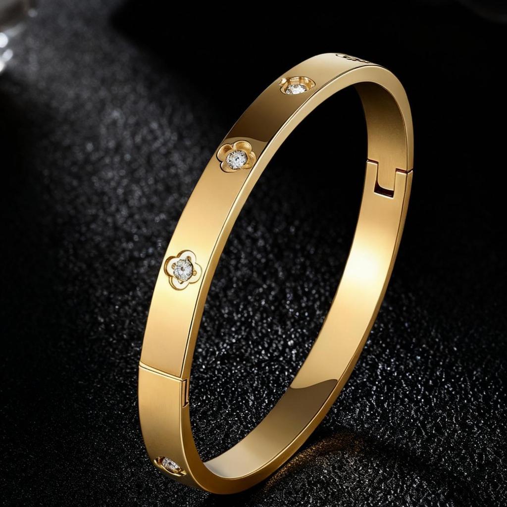 18K Gold-Plated Stainless Steel Bracelet for Girls & Women with Diamond Inlay - Retro Stackable Design