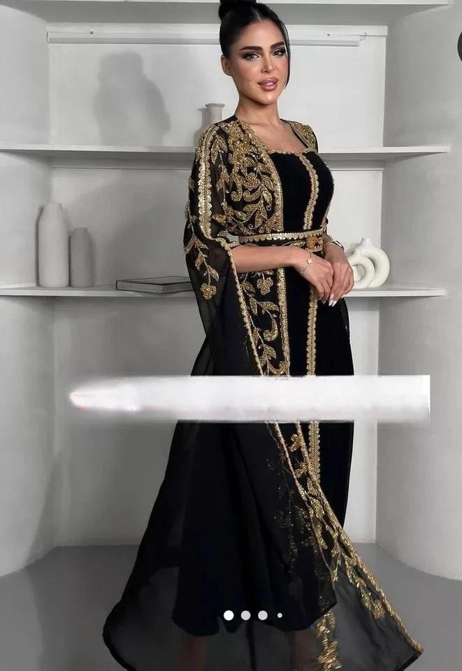Women Georgette Black Stylish New Moroccan Dubai Kaftan Abaya Farasha Dress Long Gown