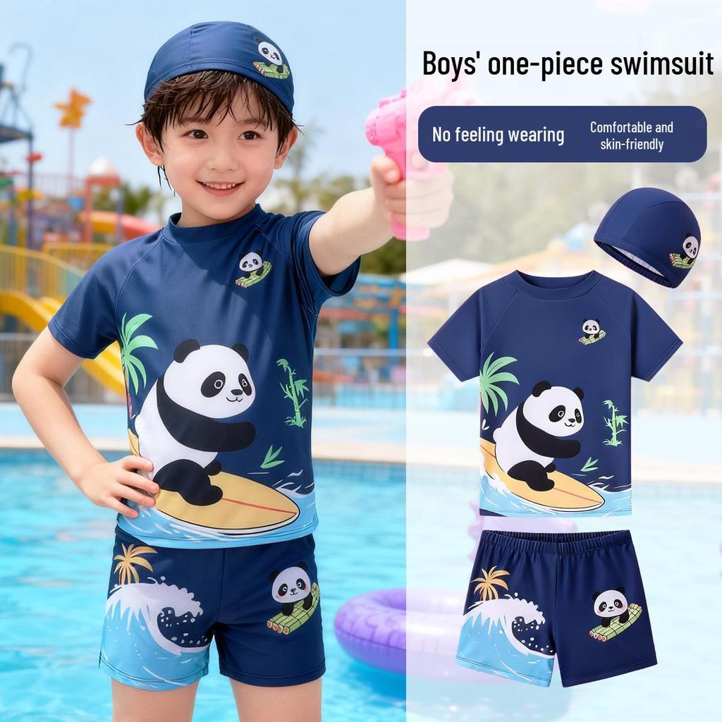 Boys' Cartoon Panda Two-Piece Swimwear Set with Cap