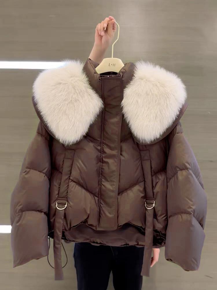 2025 Winter European Black Cotton Jacket for Women, Small Height, New Fashion, Large Fur Collar, Short Padded Outerwear