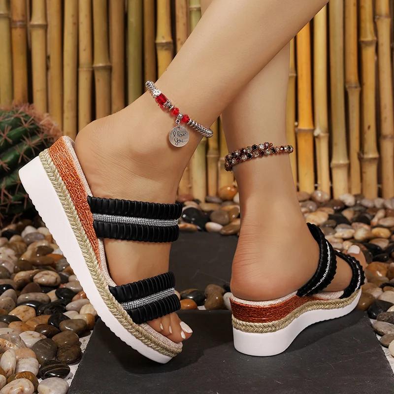 Fashion Fashion Women's Wedge Sandals Thick Sole Crystal Decor Platform Slippers Woman Summer Lightweight Non Slip Beach Sandalias Mujer