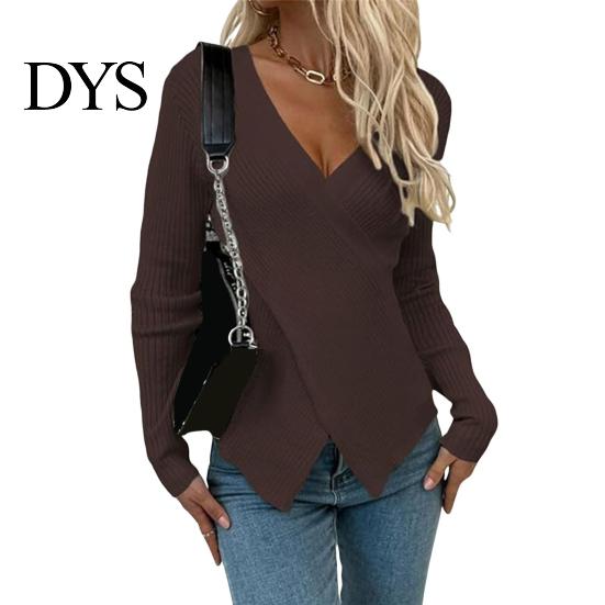Γυναικείο Πλεκτό Πουλόβερ Σέξι V-Neck Wrap Πλεκτό Τοπ Εφαρμοστό Σταυρωτό Μπροστά Πουλόβερ Μακρυμάνικο Μαλακό Διαπνέον Ύφασμα Ρούχα Φθινοπώρου Ζεστό Wrap-around