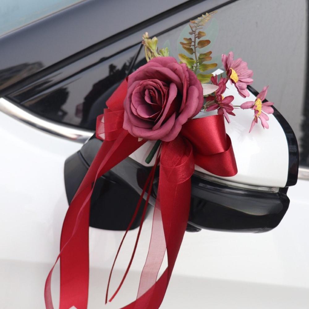 1pc Wedding Car Flowers Vintage Style Rearview Mirror Bow Artificial Flower for Bridal Fleet Door Handle Chair Back Decoration