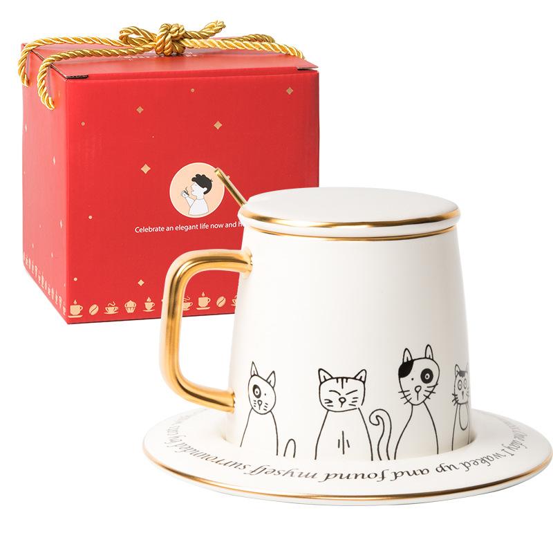 Ceramic Coffee Cup Set Cartoon Cat Tea Cup With Saucer Spoon Breakfast Milk Coffee Mug Bread Dessert Dish Creative Couple Gift