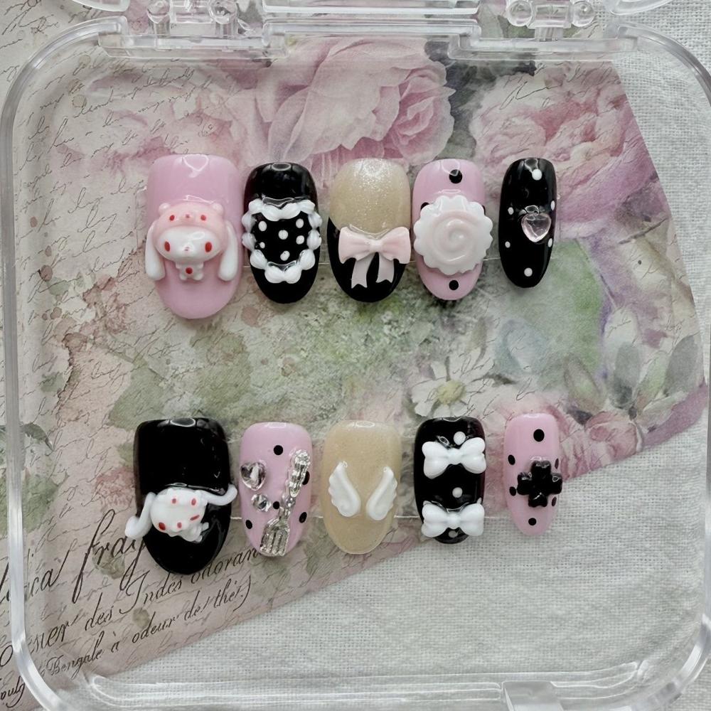 10Pcs Kawaii 3D Cartoon Rabbit Bear Handmade Almond Press On Nails With Dessert Chocolate Cream Cake Bowknot Pearl Stars