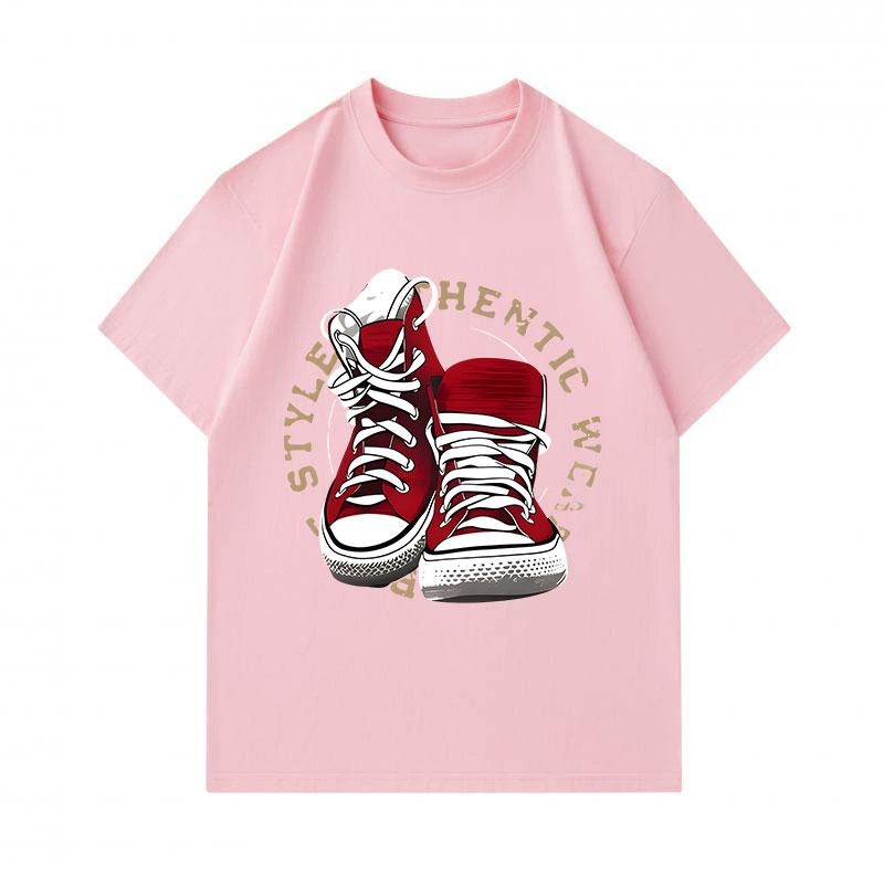 Men's 100% Cotton Crew Neck Short Sleeve T-Shirt, Retro Red Canvas Sneaker Printed Casual Comfortable Tee, Stylish Authentic Streetwear Daily Fashion