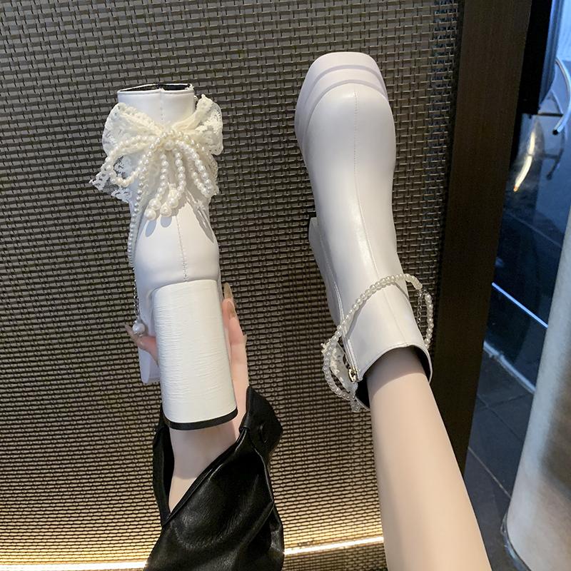 Fashion French Mid-Thigh Boots Women's Chunky High Heel Platform Pearl Buckle Korean Plus Size Ankle Boots