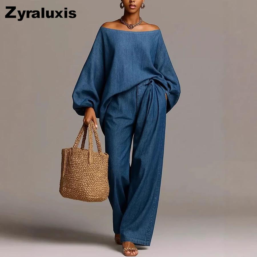 Women's New Fashion Fake Denim One-Shoulder Wide Leg Pants Two Piece Set Outfit