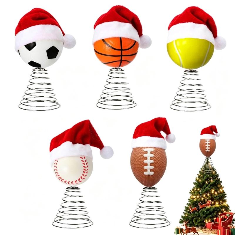 Sports Ball Christmas Tree Top Ornament, Spring Mounted Santa Hat Style for Indoor Holiday Party Tabletop Shelf Display
