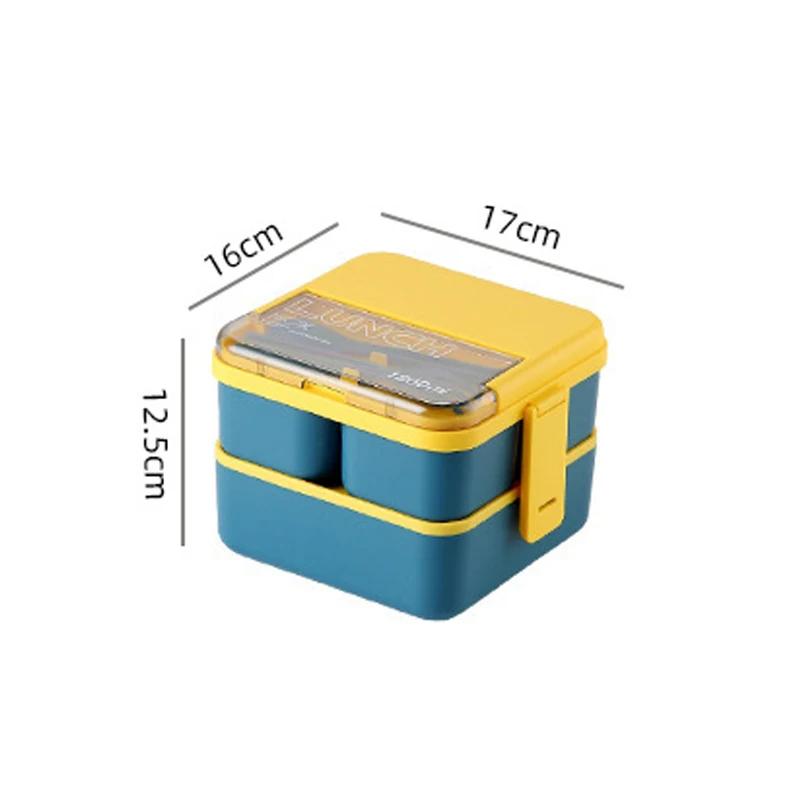 2 Layer Portable Leakproof Snack Lunch Bento Box Food Storage Container Office Kid Student Microwave Dinnerware Fork Spoon Set