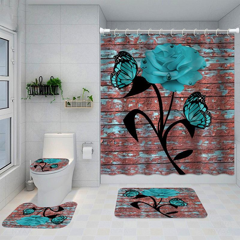 Bathroom Four-Piece Polyester Shower Curtain Rose Series 3D Digital Printing Shower Curtain Bathroom Partition Curtain Shower Curtain