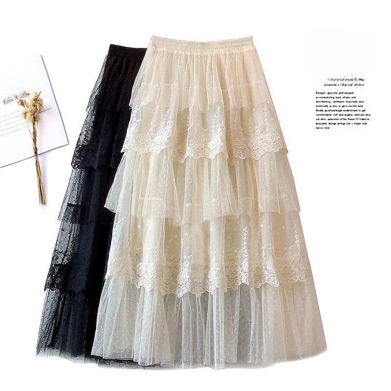 French Lace Spliced Maxi Skirt Summer Embroidered Cake Dress For Women