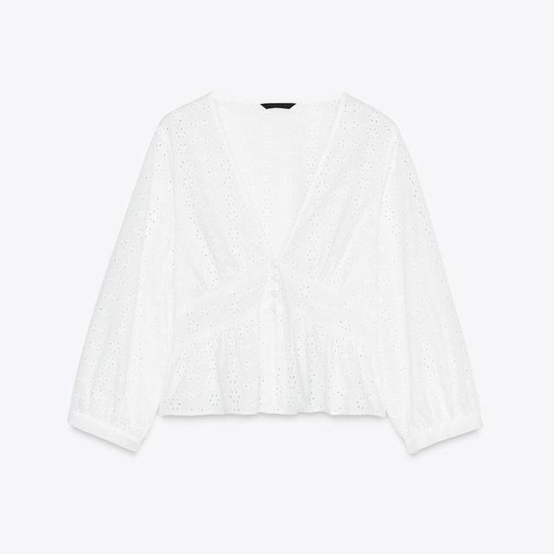 Summer New Women clothes French style Niche White Cotton Hollow Embroidery V-neck Long sleeve Shirts 3722819