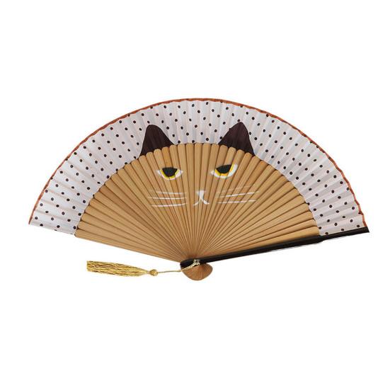 Cartoon Cat Folding Fan Japanese Style Wooden Hand Held Fan