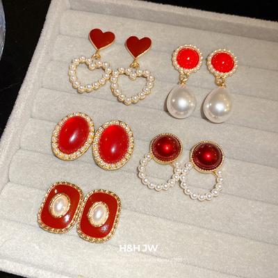 Silver Needle Oil Drop Pearl Love Earrings Set Medieval Vintage Temperament Earrings Light Luxury High-end Earrings Women