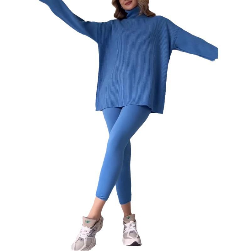 2023 Autumn European & American Solid Color High Neck Long Sleeve Knitted Set
