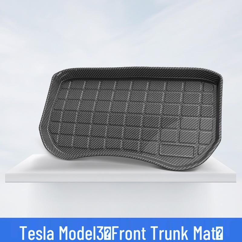 Tesla Model 3 & Y Carbon Fiber Texture Trunk Mats: Eco-friendly, Waterproof TPV Mats for Front & Rear.