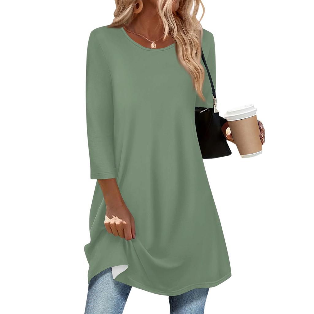 Women's Fashion Casual Three-quarter Sleeve Long Solid Color Round Neck Top