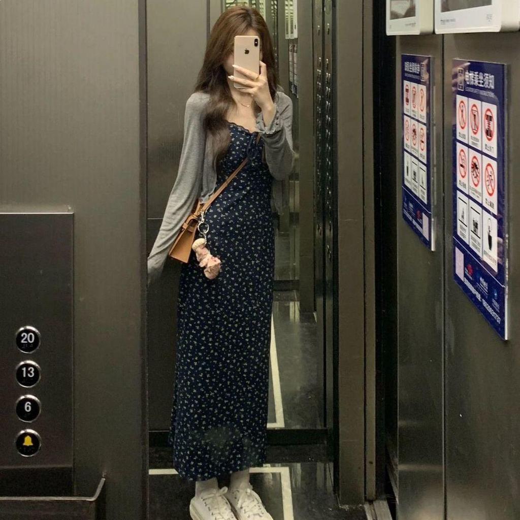 Women's Floral Print Spaghetti Strap Dress & Cardigan Set - Summer 2026 Style, Waist-Cinching Long Dress, Thin Outerwear Two-Piece.