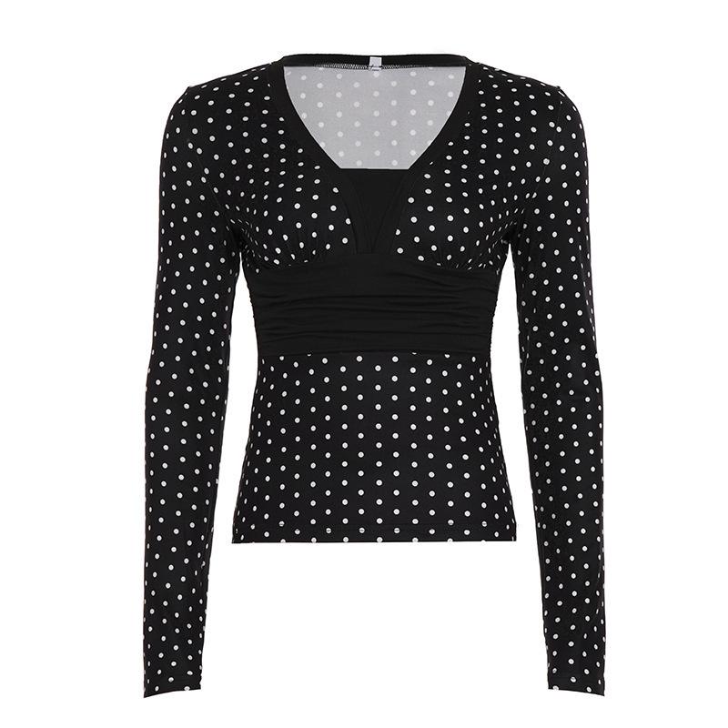 Retro Polka Dot Patchwork Two-Piece Long Sleeve Women s Slim Fit Casual Top Small чёрный