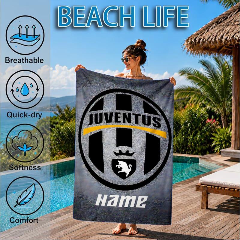Custom Name Beach Towel Juventus Crest Microfiber Beach Towel, Lightweight for Summer Travel, Swimming Pool Fan Birthday Gift