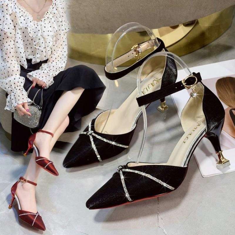 Red Satin Wedding Shoes New Korean Version French Pointed Rhinestone One-word Buckle Hollow Women's Single Shoes Stiletto High Heels
