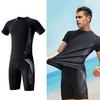 Men Swimming Shorts Water Sport Top O Neck Short Sleeve Slim Fit Elastic Breathable Quick-drying Striped Knee Length Pants Surfing