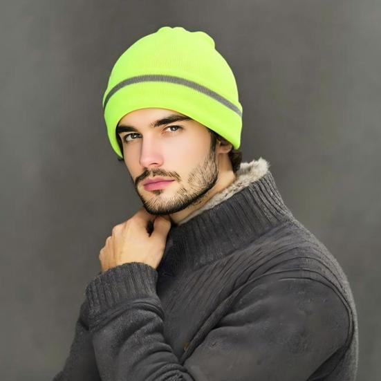 Knitting Hat Reflective Strip Design Warm Unisex Hat Outdoor Windproof Cold Resistance Elastic Hat Headwear