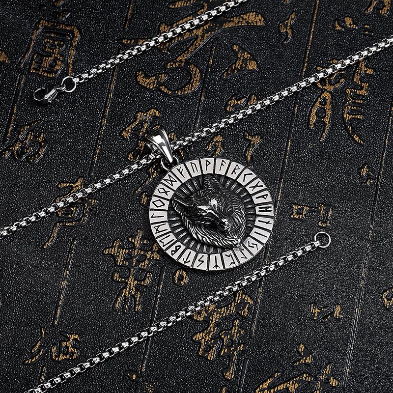 Vintage Stainless Steel Viking Rune Wolf Head Pendant Necklace - Trendy Men's Hip-Hop Accessory