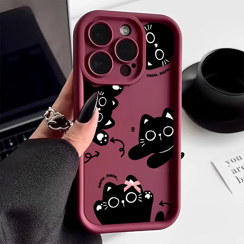 Cute Black Cat Bow Pattern Design Protective Cover for iPhone 17 16 15 14 13 12 11 16E Series Pro Max Plus