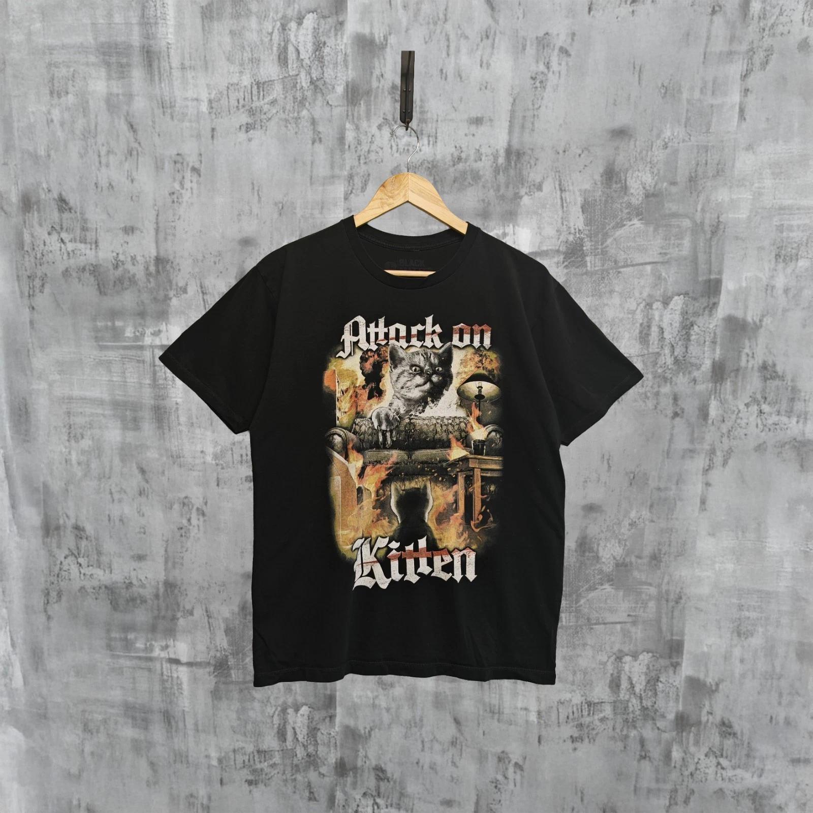 Black Matter Attack On Kitten Graphic T Shirt Black Cotton Size M Cat Meme Tee 3XL
