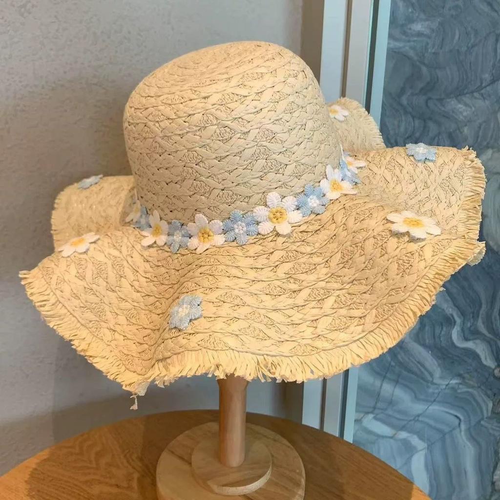 Straw hat ins lace-up hollow straw hat women's summer travel sun protection beach seaside sun hat lace edge sun hat