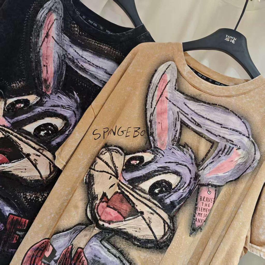 Trendy European & American Retro Distressed Cartoon Cotton T-Shirt - Women's Loose Fashion Short Sleeve Top for Autumn