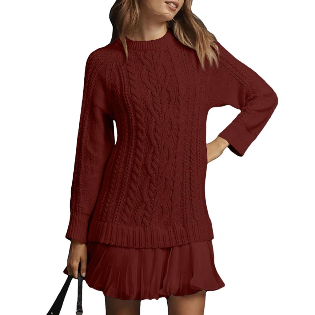 Women's Solid Round Neck Dough Twists Knitting Chiffon Splicing Sweet Temperament Dress