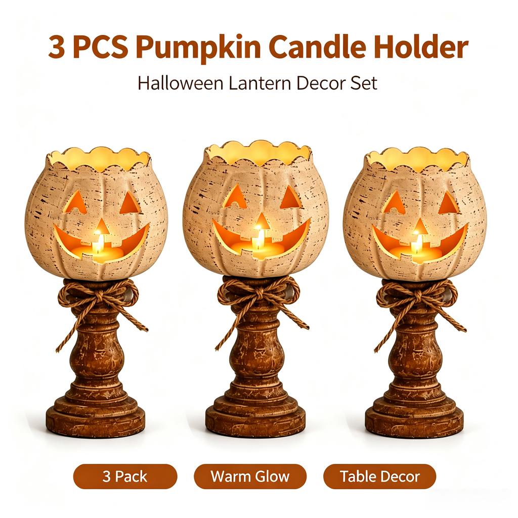 Vintage Distressed Pumpkin Tea Light Candle Holder Set Rustic Farmhouse Halloween Table Decor for Home Party Holiday Mantel