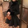Elegant Woolen Long-Sleeve Coat with Cinched Waist for Women
