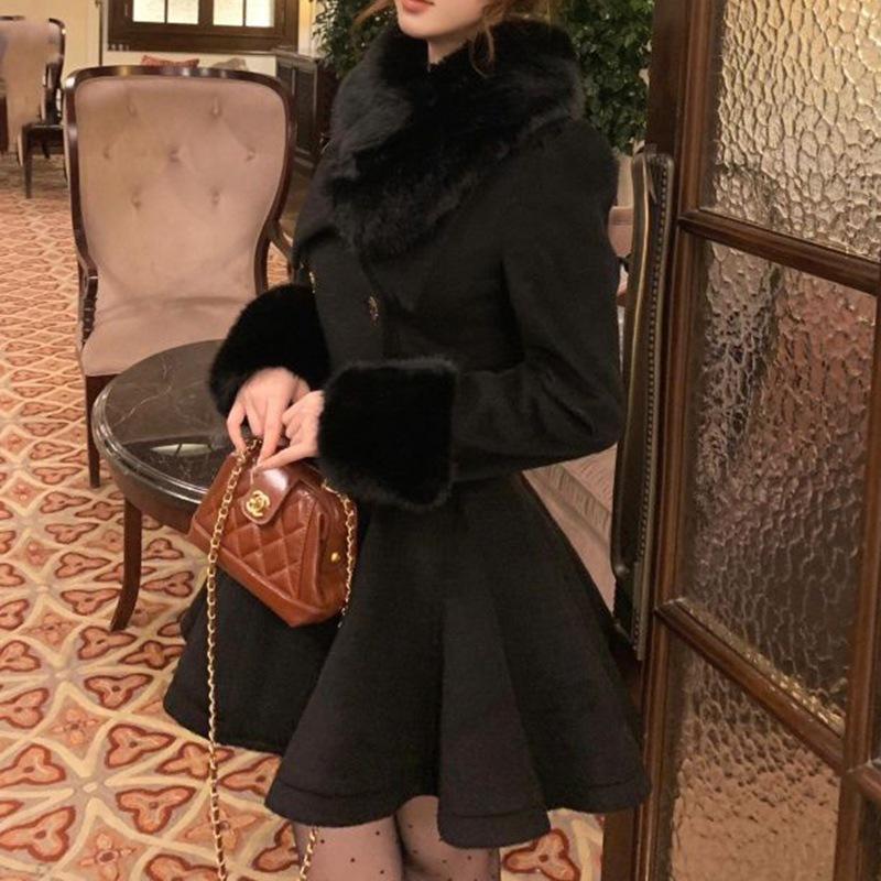 Elegant Woolen Long-Sleeve Coat with Cinched Waist for Women