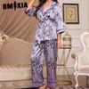 GMXIA Pyjamas Autumn and Winter Women Simulation Silk French Cardigan Lace-up Robe Pajama Trousers Senior Sense of Homewear Suit