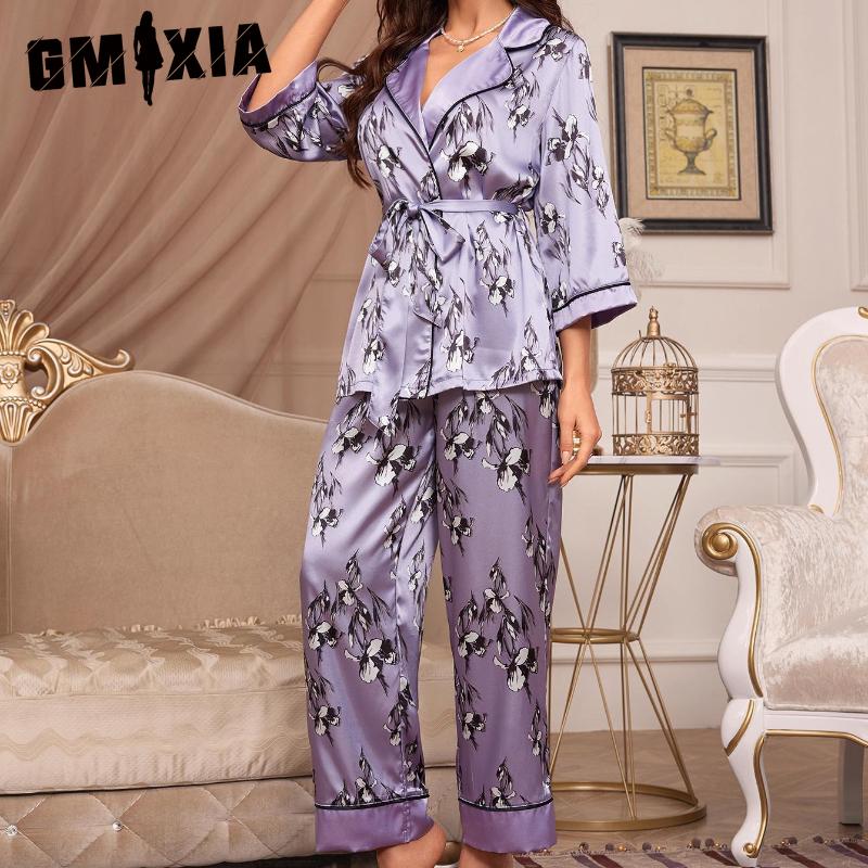 GMXIA Pyjamas Autumn and Winter Women Simulation Silk French Cardigan Lace-up Robe Pajama Trousers Senior Sense of Homewear Suit