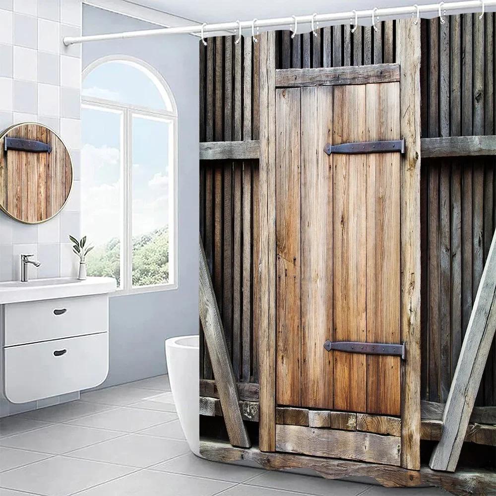 Retro Rustic Old Vintage Wood Doors Shower Curtain Set Country Rustic Barn Doors Farm Decor Fabric Bathroom Curtain Bath Screens