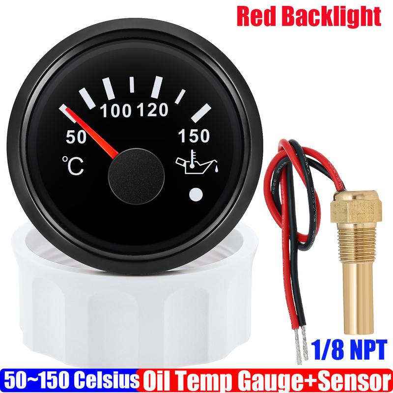 Auto Car Boat 2" 52mm Oil Temperature Gauge with Warning Red Light 50~150℃ Oil Temp Meter+Sensor 1/8NPT M14X1.5 DC12V 24V