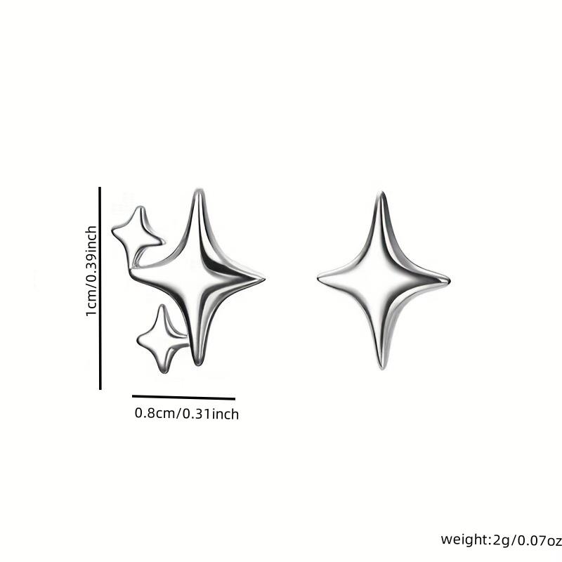 S925 Pure Silver Asymmetric Star Earrings for Women; Simple and Cold Temperament Four-pointed Star Earrings; Light Luxury Earrin